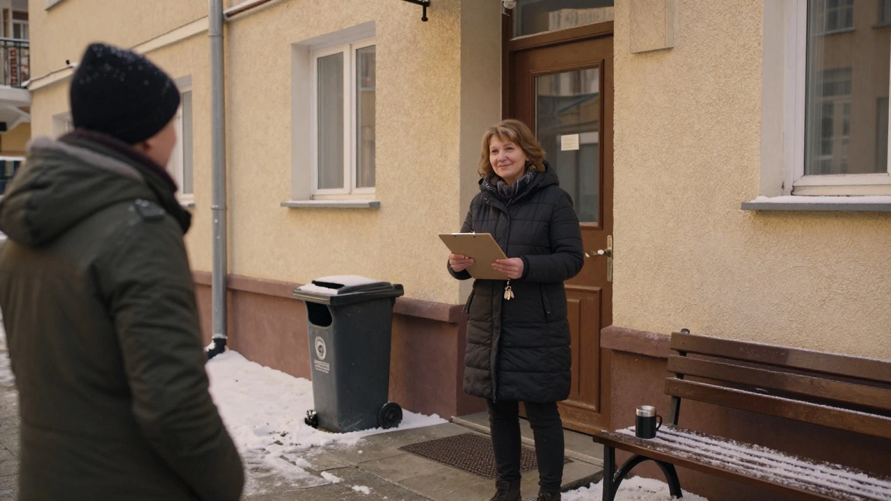 Жінка-господарка розмовляє з сусідом біля входу в будинок під снігом.