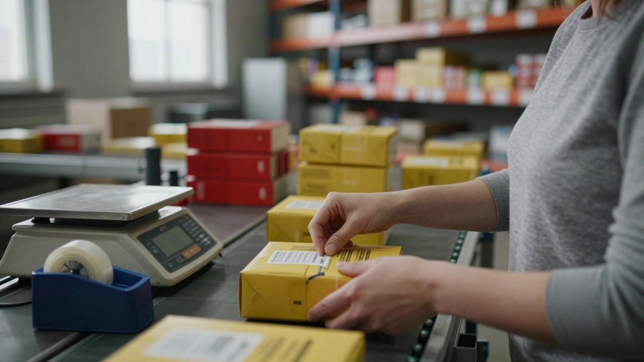 Жінка наклеює етикетки на товари на конвеєрі на складі в Києві.