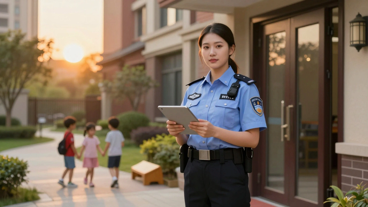 Жінка-охоронець реєструє відвідувача біля житлового комплексу, діти грають на подвір'ї, сонячний вечір.