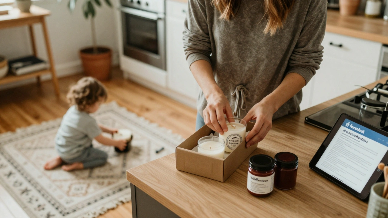 Жінка пакує саморобні свічки та джем для продажу вдома