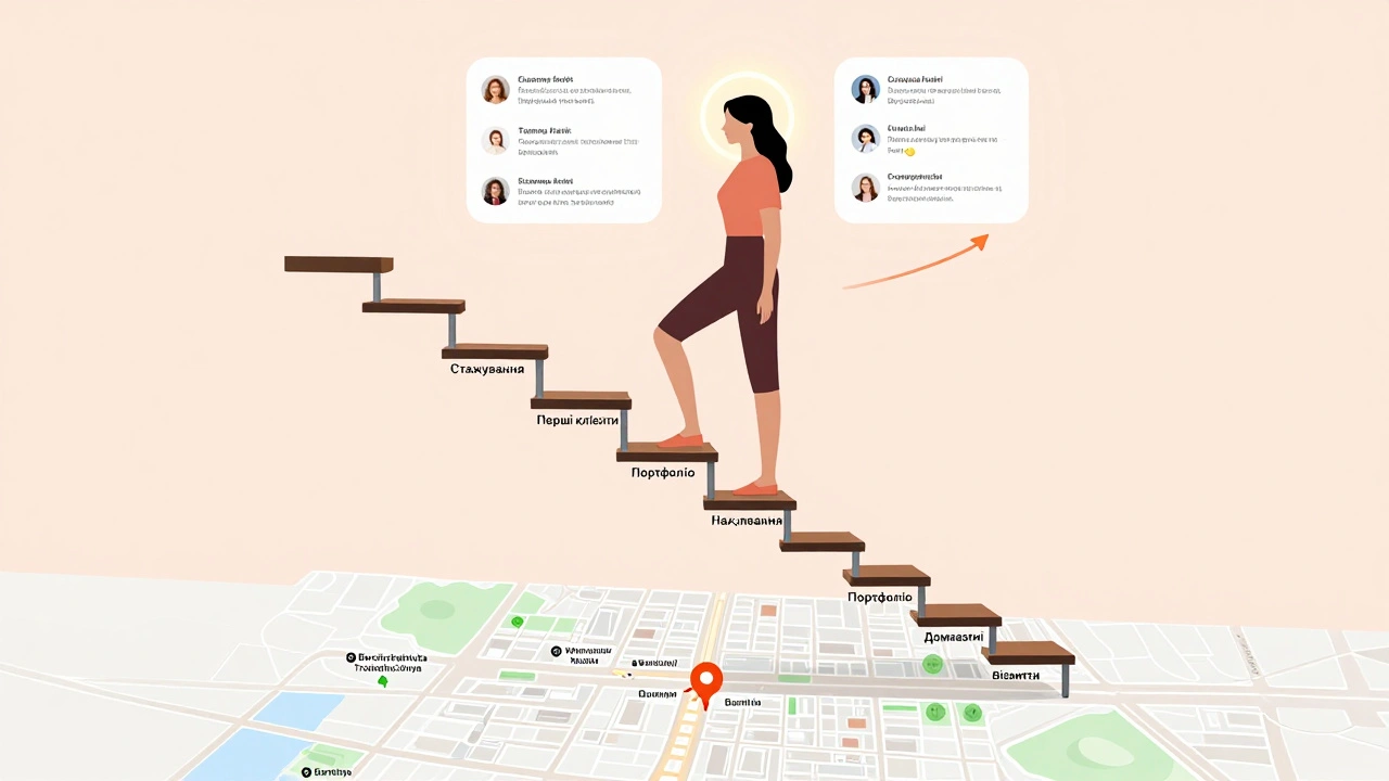 Жінка піднімається сходами з інструментами манікюру, на вершині — зростання доходу від 8 тис. до 40 тис. грн.