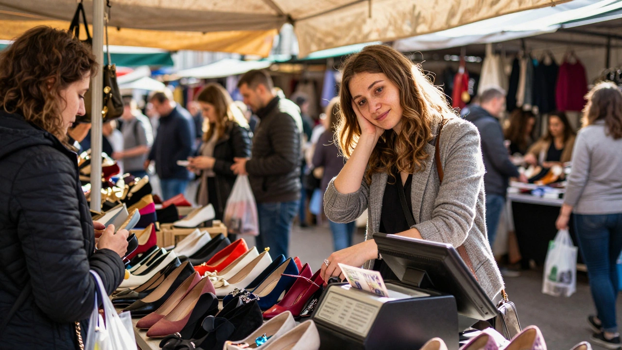 Жінка продає взуття на ринку в Києві, покупці обирають товар.