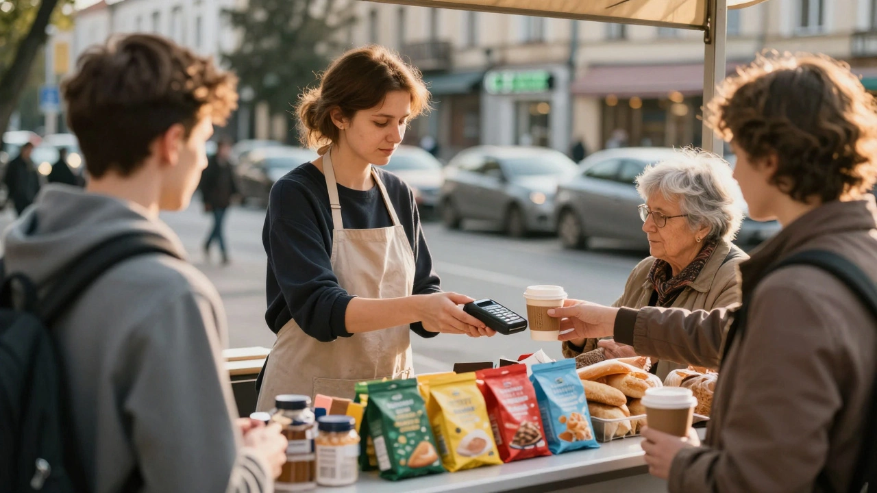 Жінка-продавець на лареку в Києві приймає готівку від студента та бабусі, навколо — товари, сонячне світло.