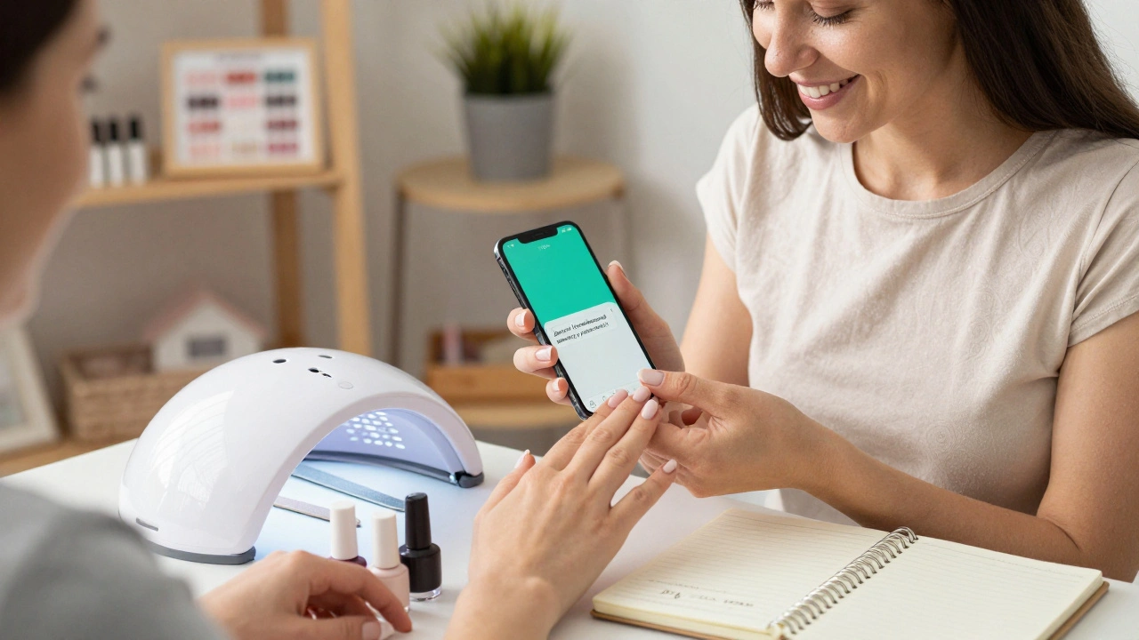 Жінка робить манікюр вдома, на телефоні — вдячне повідомлення клієнтки, відкритий блокнот з записами.