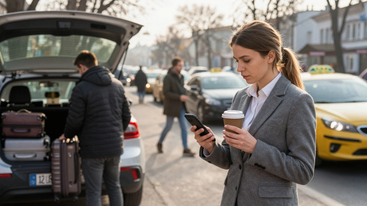 Жінка-таксистка вранці біля вокзалу, перевозить пасажирів з високою оцінкою в додатку.
