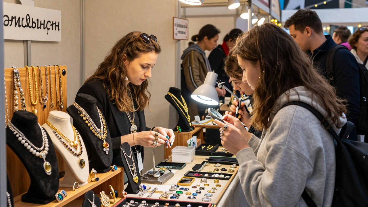 Жінка-ювелір демонструє вироби на ювелірній виставці, а клієнт уважно розглядає кольє під лампою.