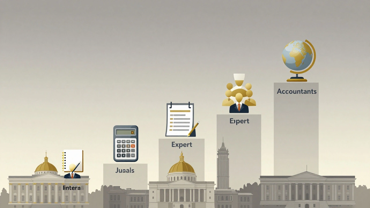 Діаграма кар’єрного зростання бухгалтера від стажера до головного бухгалтера з символами.