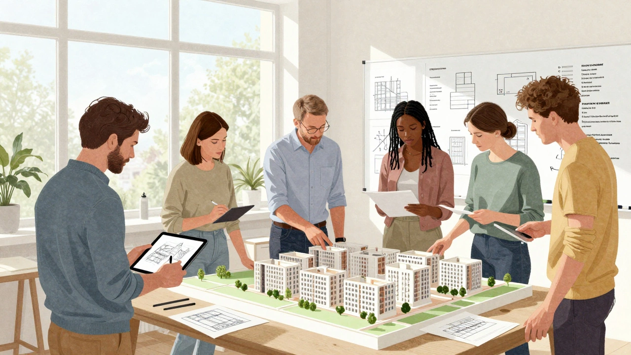 Група архітекторів обговорює проект модульного житла в робочій майстерні Києва.