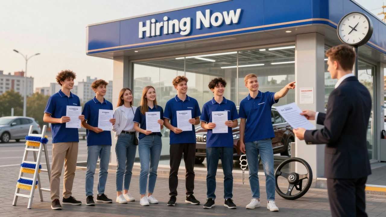 Група молодих людей у формах на вході до автомийки в Києві, отримуючи інформацію про роботу.