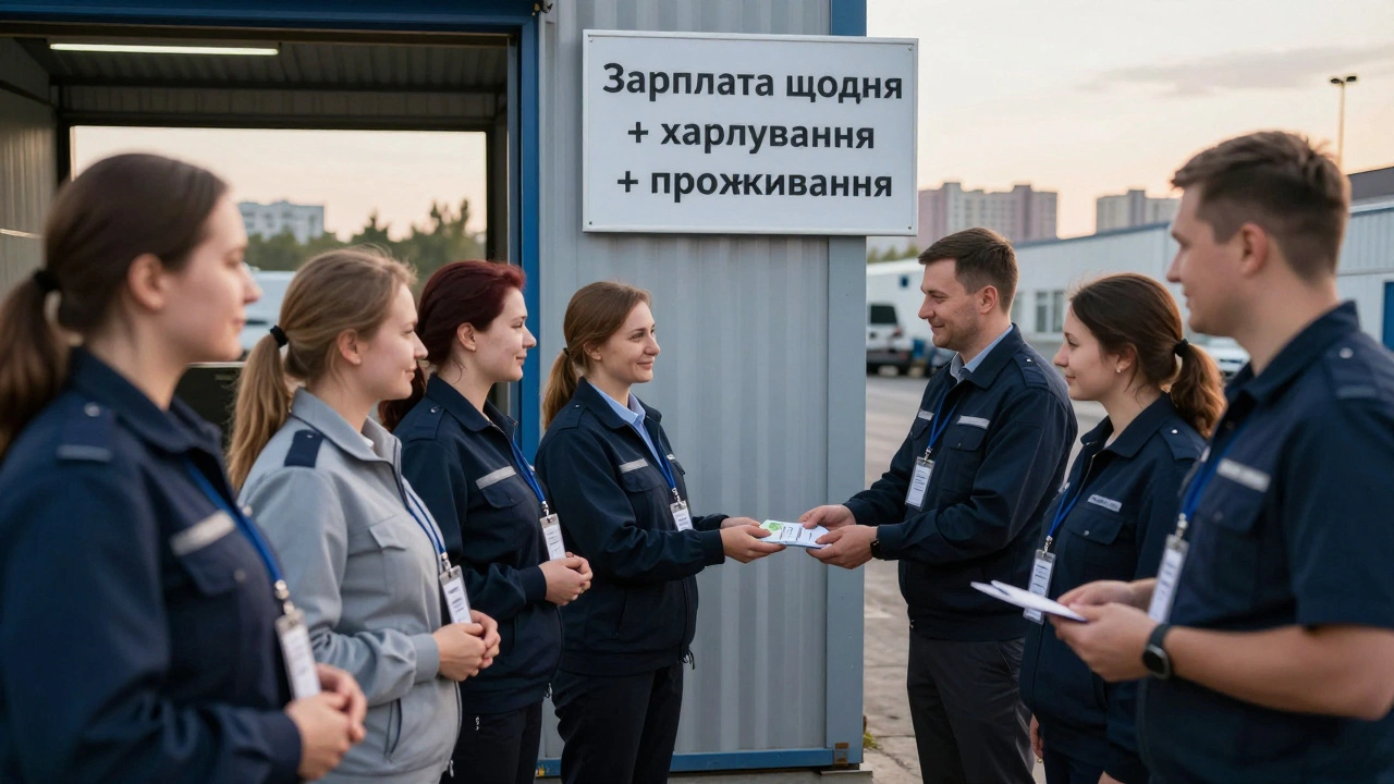 Група працівників отримує зарплату на вході до логістичного центру в Києві.