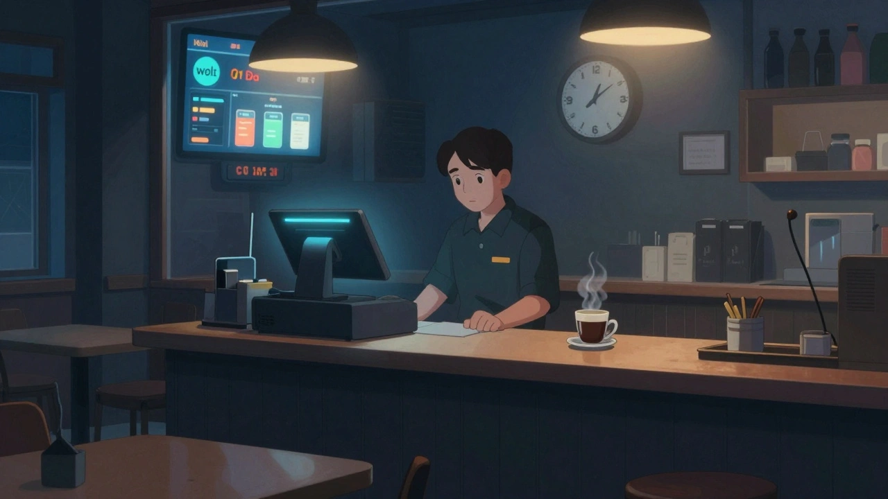 Касир працює вночі в тихому ресторані, навколо — тиша та світло екранів.