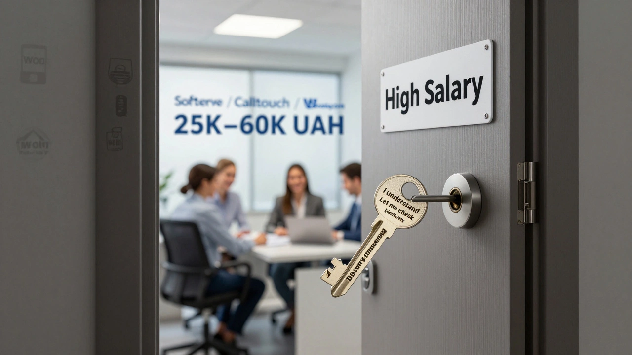 Ключ з англійських фраз відкриває двері до добре оплачуваної роботи в Києві, за якими видно офіс і компанії.