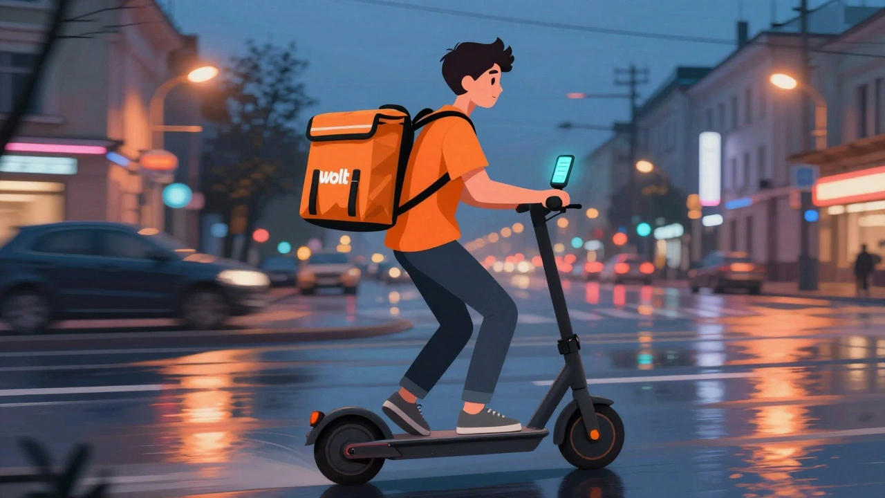Кур'єр на електросамокаті доставляє замовлення в Києві вночі