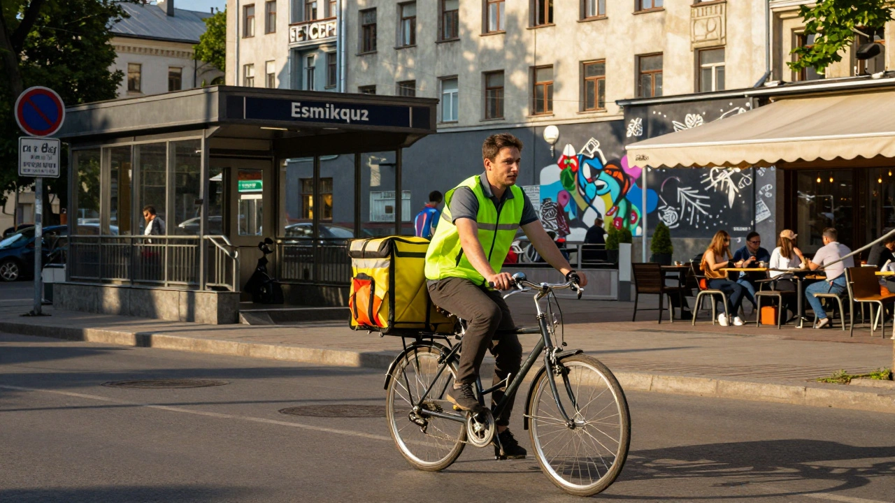Кур'єр на велосипеді доставляє замовлення в Києві