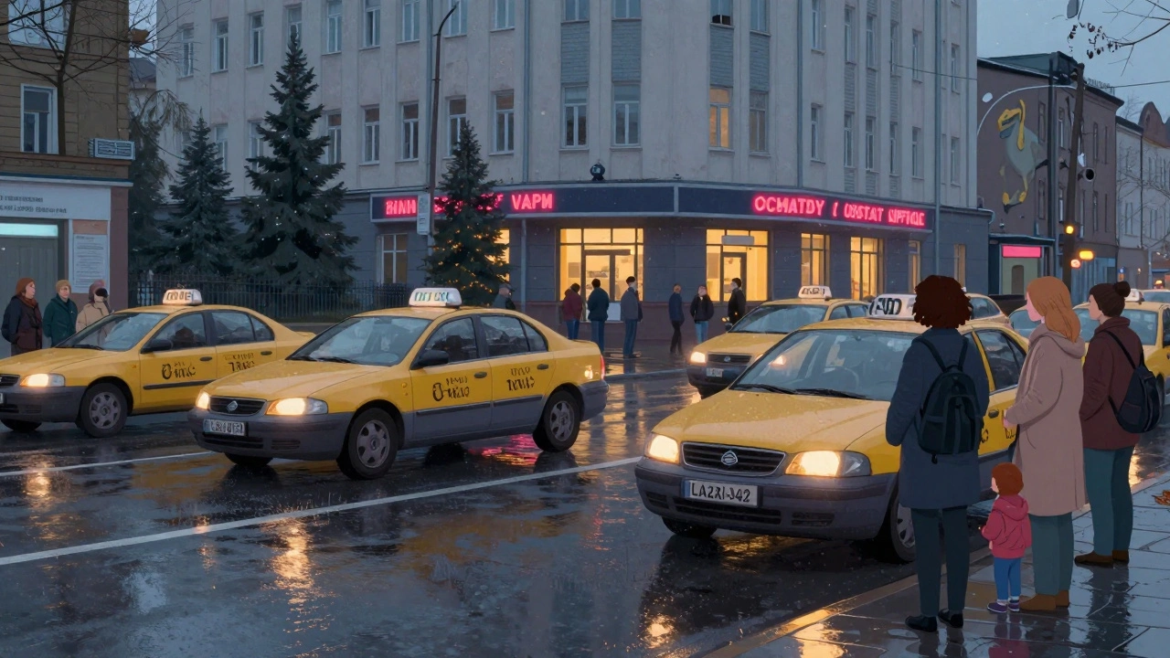 Люди чекають на таксі біля лікарні Охматдит у вечірній міській сцені з дощем і підсвіченими автомобілями.