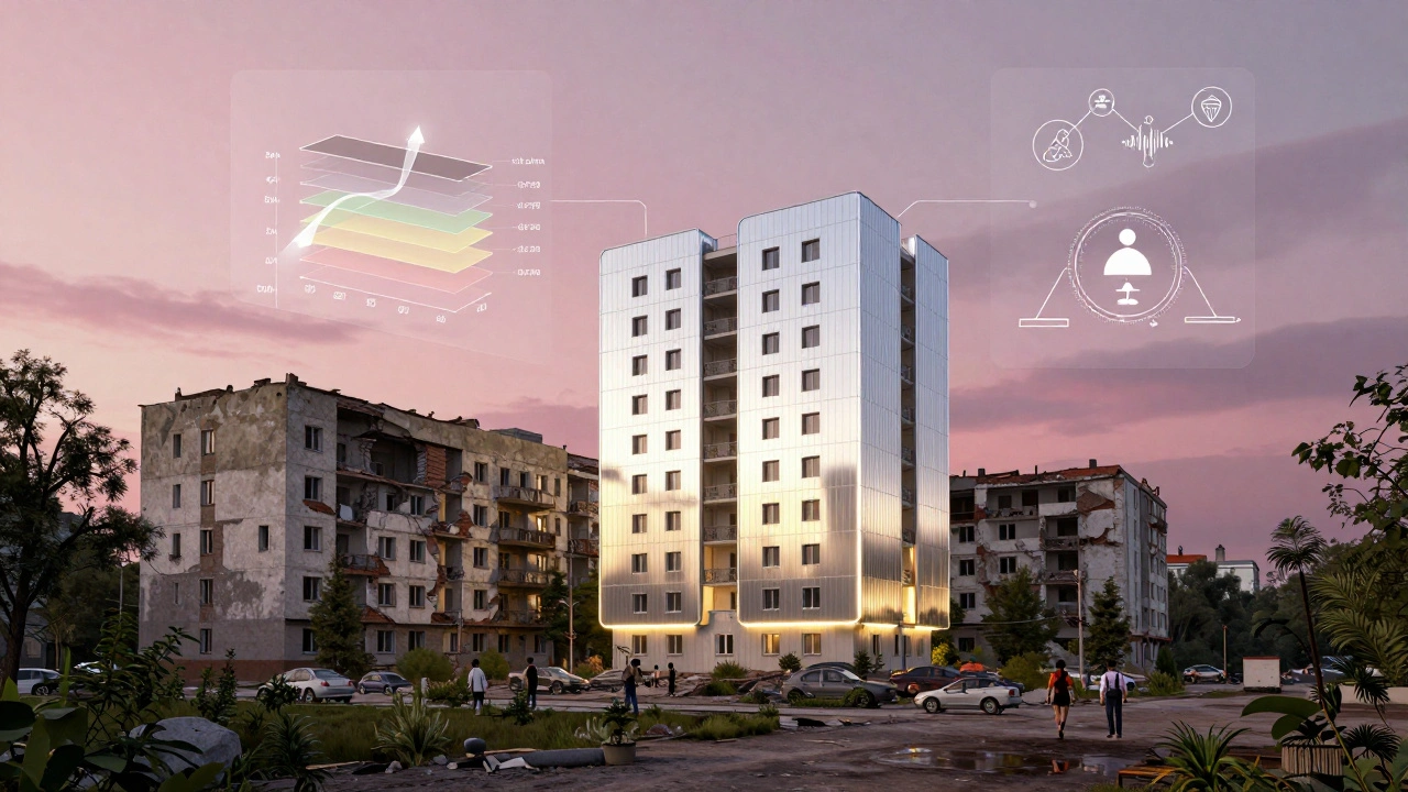 Модульний будинок виходить з руїн старого будівлі, символізуючи нове майбутнє архітектури в Києві.