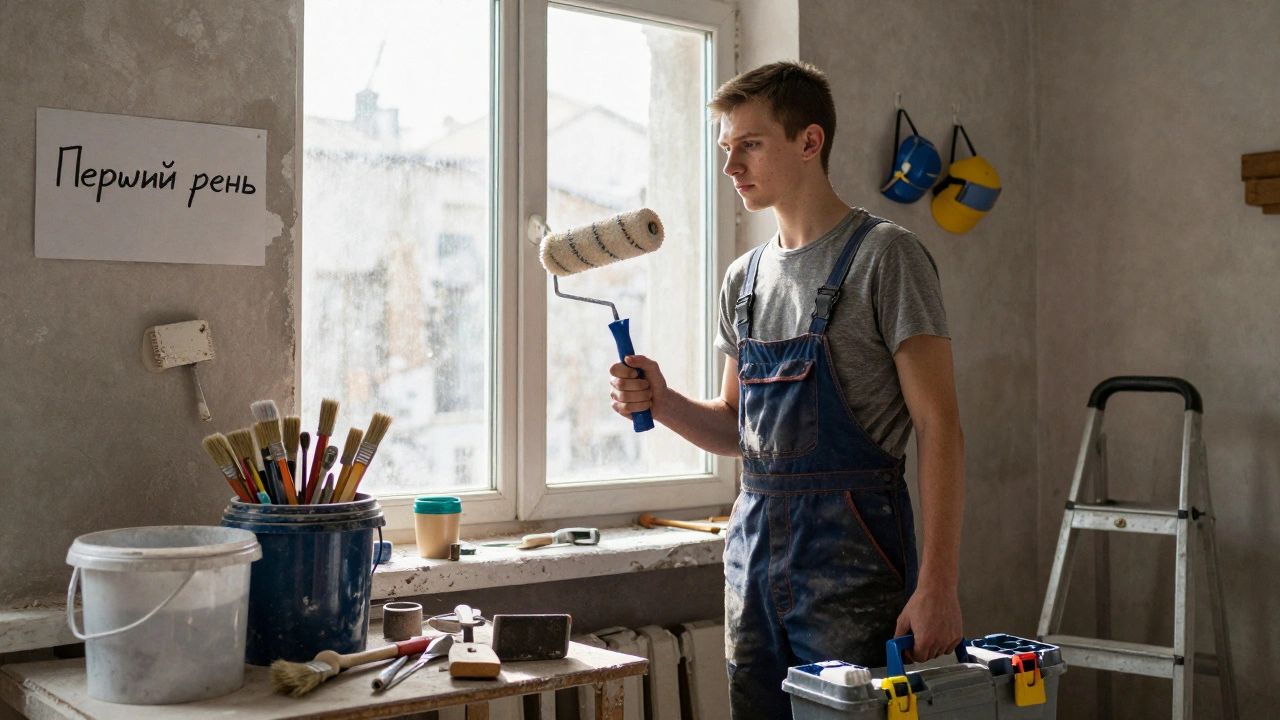 Молодий новачок з інструментами в майстерні в Києві, готовий до першої роботи.