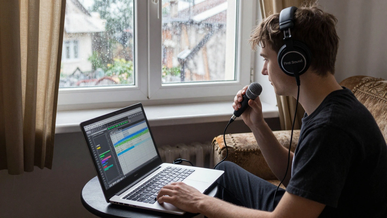 Молодий звукорежисер записує перший звук у своїй квартирі під дощ.