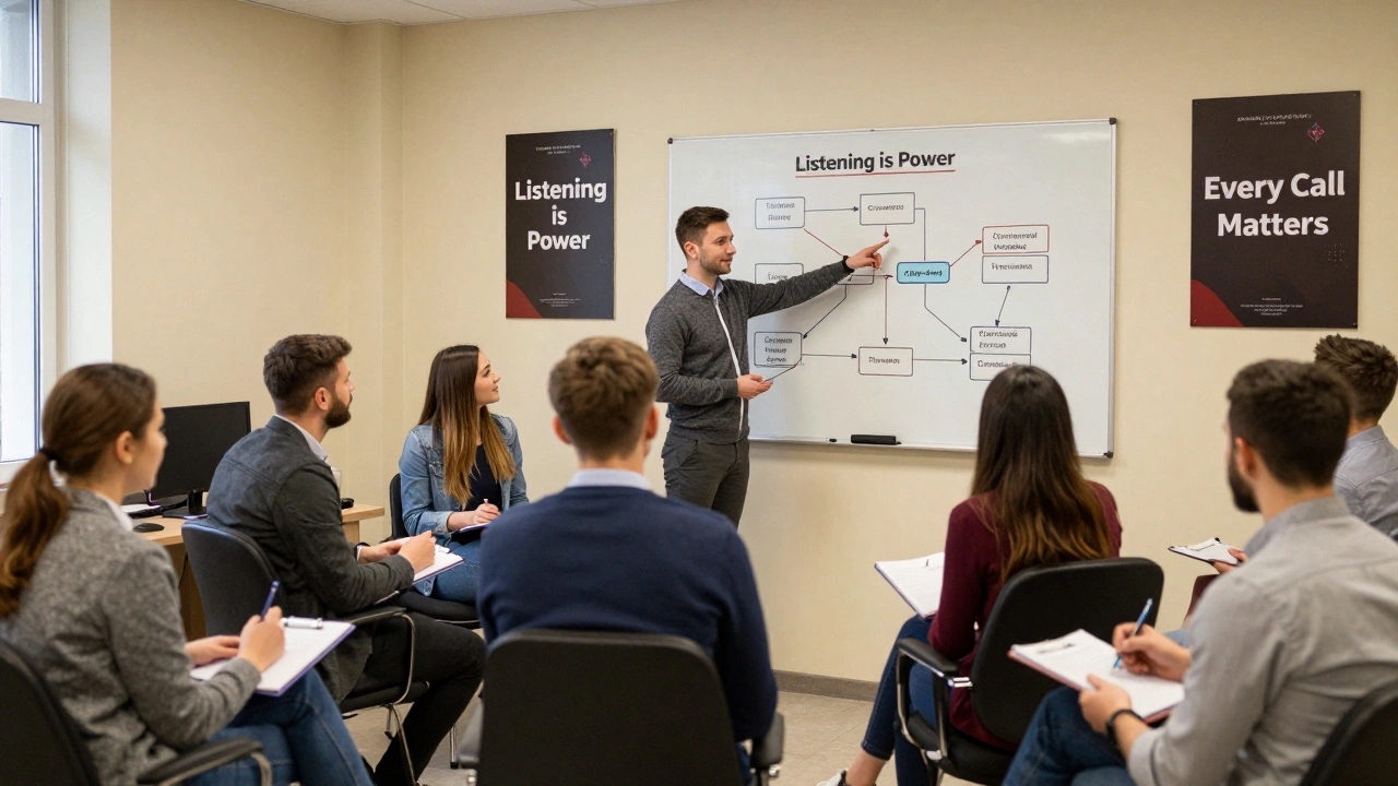 Навчання в кол-центрі: інструктор пояснює процес обслуговування клієнтів, працівники записують нотатки.