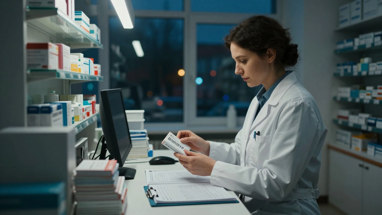 Нічна зміна в аптекі: фармацевт перевіряє терміни придатності ліків