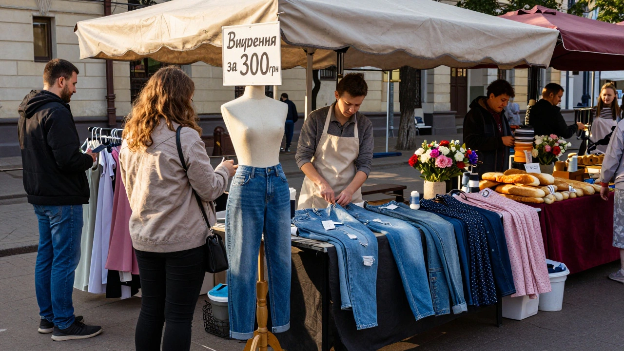 Портняжка працює на ринку, клієнти чекають зі зміненим одягом, навколо — яскраві кольори ринку.
