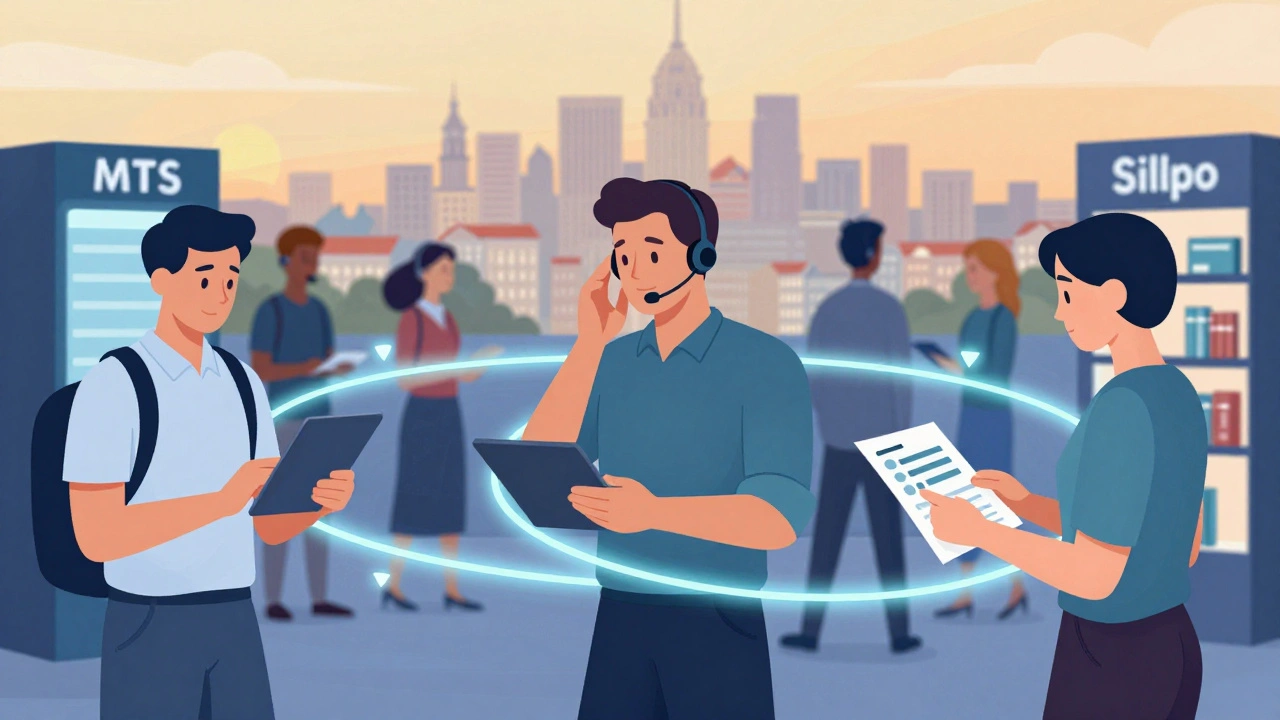 Різні менеджери в Києві: у салоні МТС, у центрі дзвінків та в магазині Сільпо — всі зв'язані лініями комунікації.