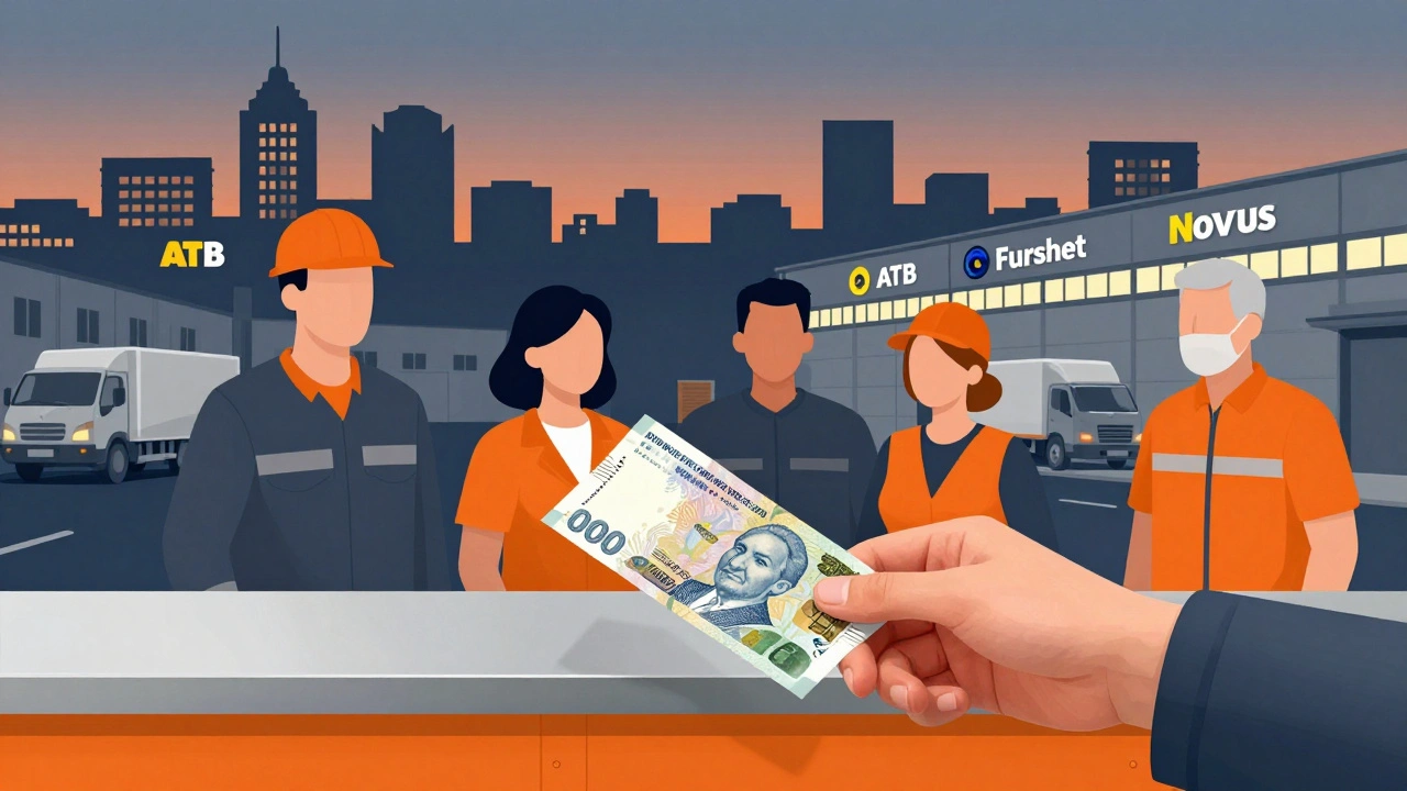 Робітник отримує готівку за день роботи на складі, на фоні логістичних центрів великих мереж.