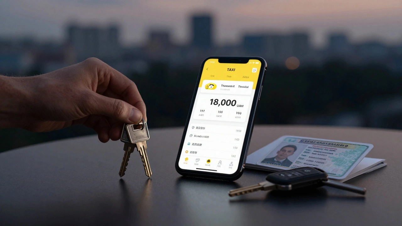 Рука кладе ключі та документи на стіл поруч із телефоном, де видно доходи від роботи в таксі.