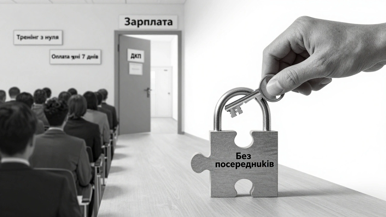 Рукавиця з ключем від зарплати відкриває двері до роботи без посередників, позаду — знаки про навчання та оплату кожні 7 днів.