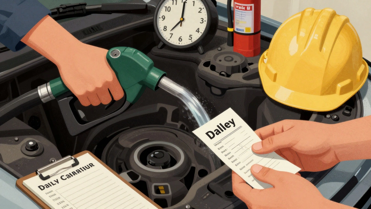 Руки працівника: пістолет для пального та розписка про зарплату за день.