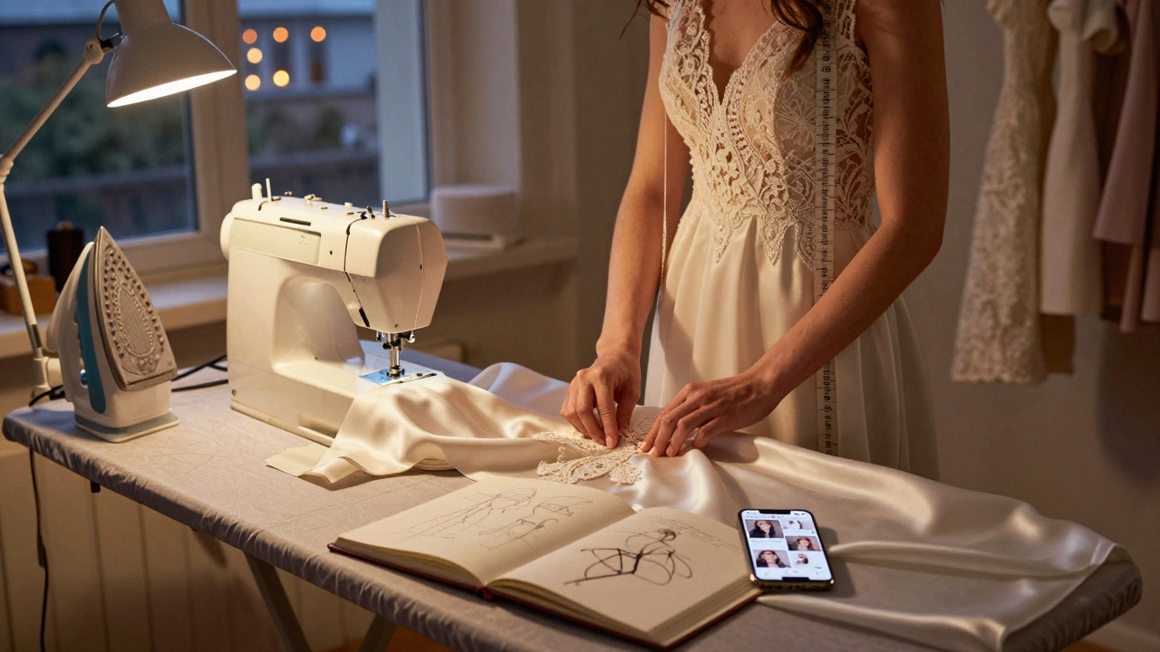 Швея шиє вечірню сукню вдома, освітлена лампою, на столі — телефон і ескізи.