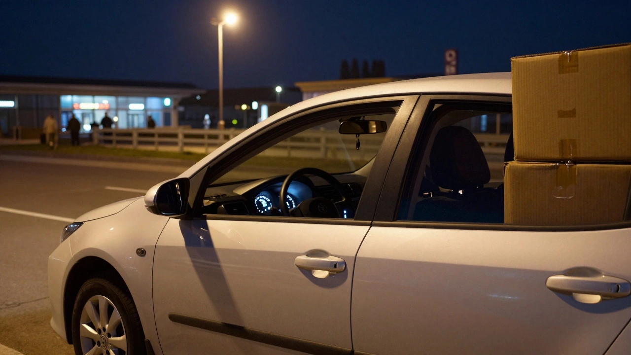 Toyota Corolla вночі з коробками для доставки, світло панелі та віддзеркалення місць доставки.