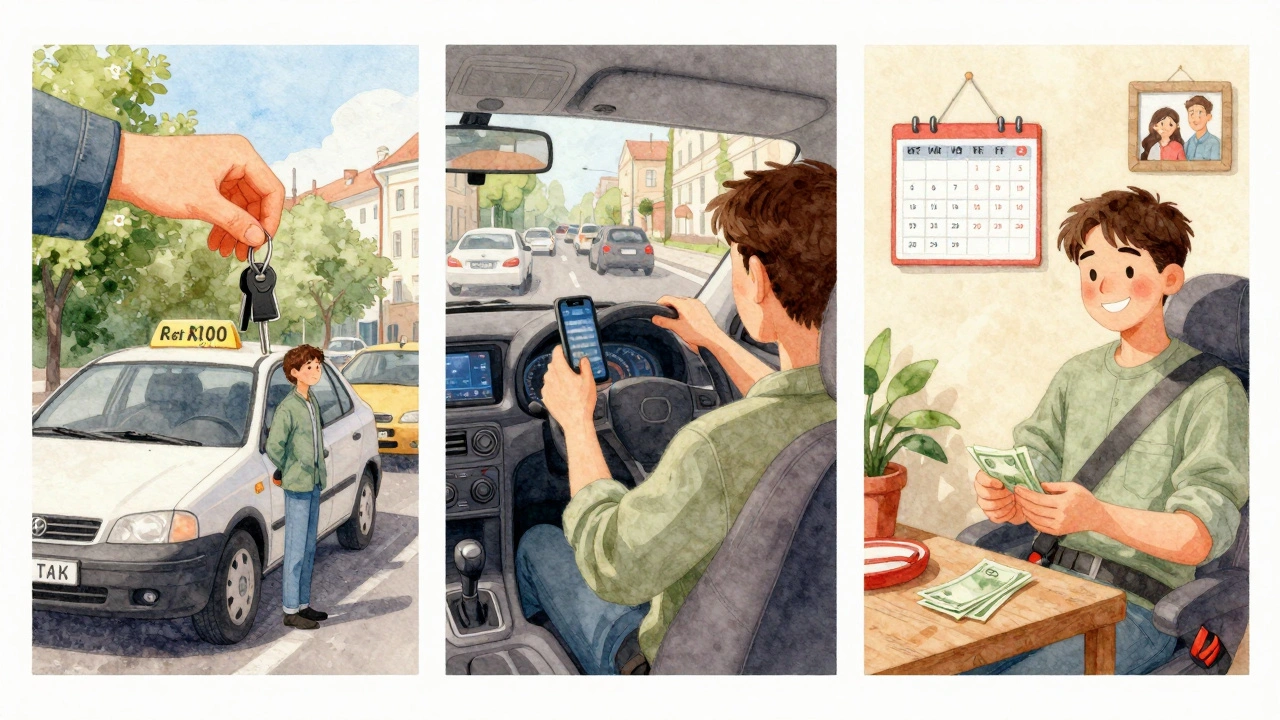 Три етапи шляху водія таксі в Києві: оренда авто, робота в години пік, заробіток і сімейне щастя.