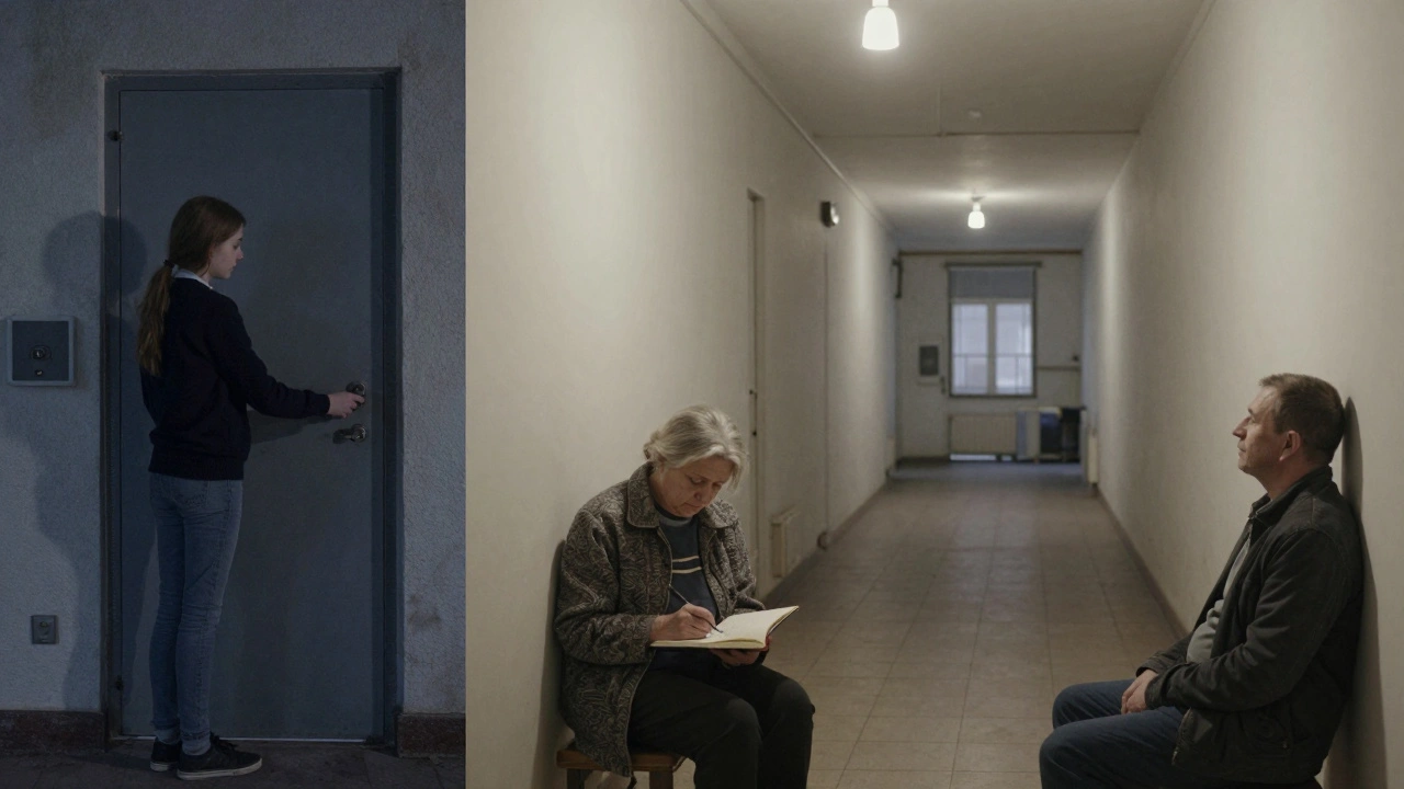 Троє різних сторожів виконують обов’язки в різних місцях Києва: перевіряють двері, пишуть у журнал, чекають на зміну.