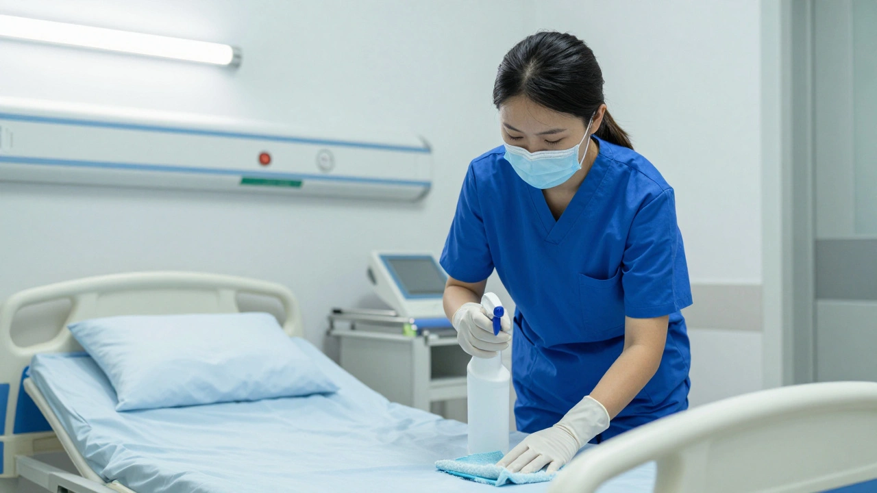 Уборщиця дезінфікує лікарняну ліжку в білому приміщенні з медичним обладнанням.