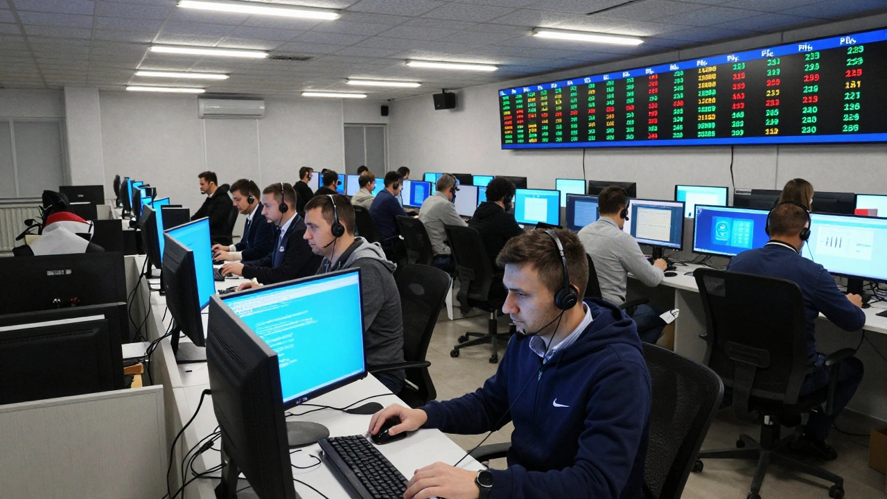 Великий кол-центр у Києві: оператори в навушниках, сидять за столами, екранами з інформацією про клієнтів.