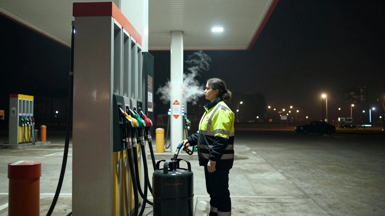 Жінка-пістолетчик заправляє вантажівку газом вночі, на тлі міського пейзажу.