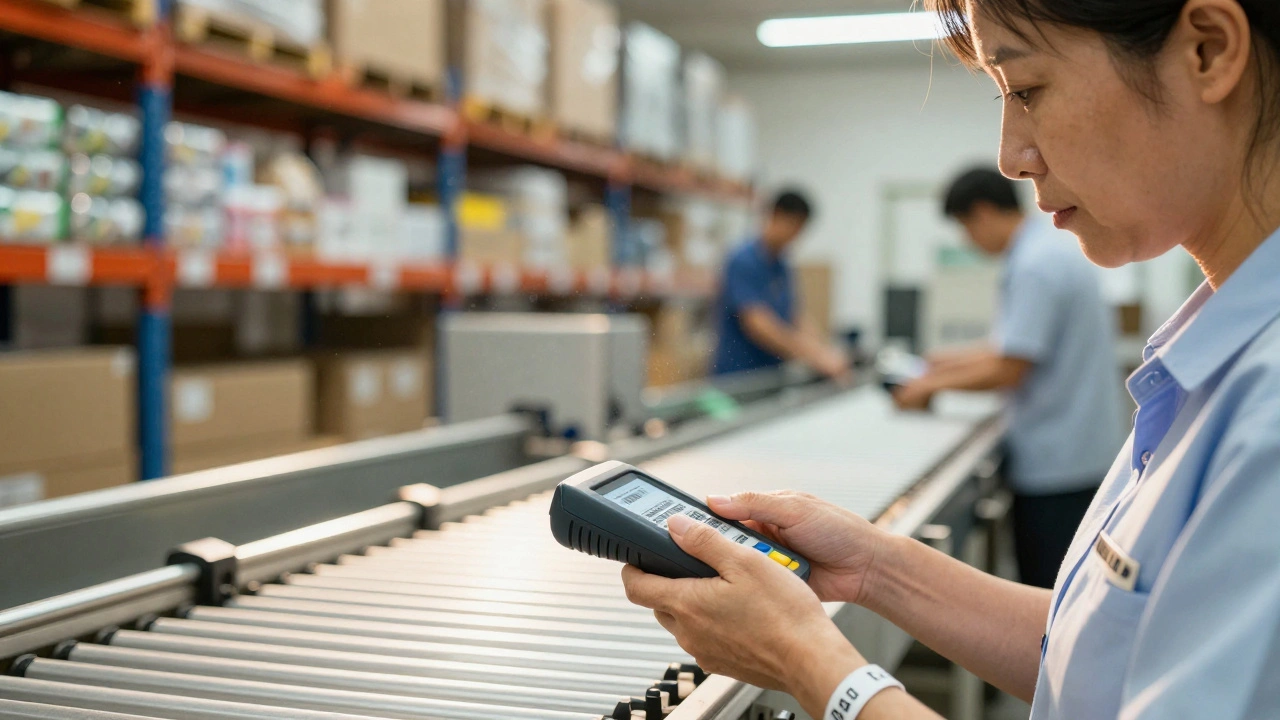 Жінка пошукової віку сканує штрих-коди на складському конвеєрі, на тлі стелажів з товаром.