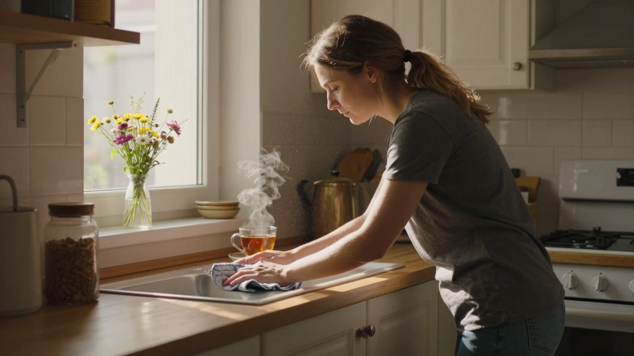 Жінка прибирає кухню в приватному будинку, сонячний світло падає на чисті поверхні.